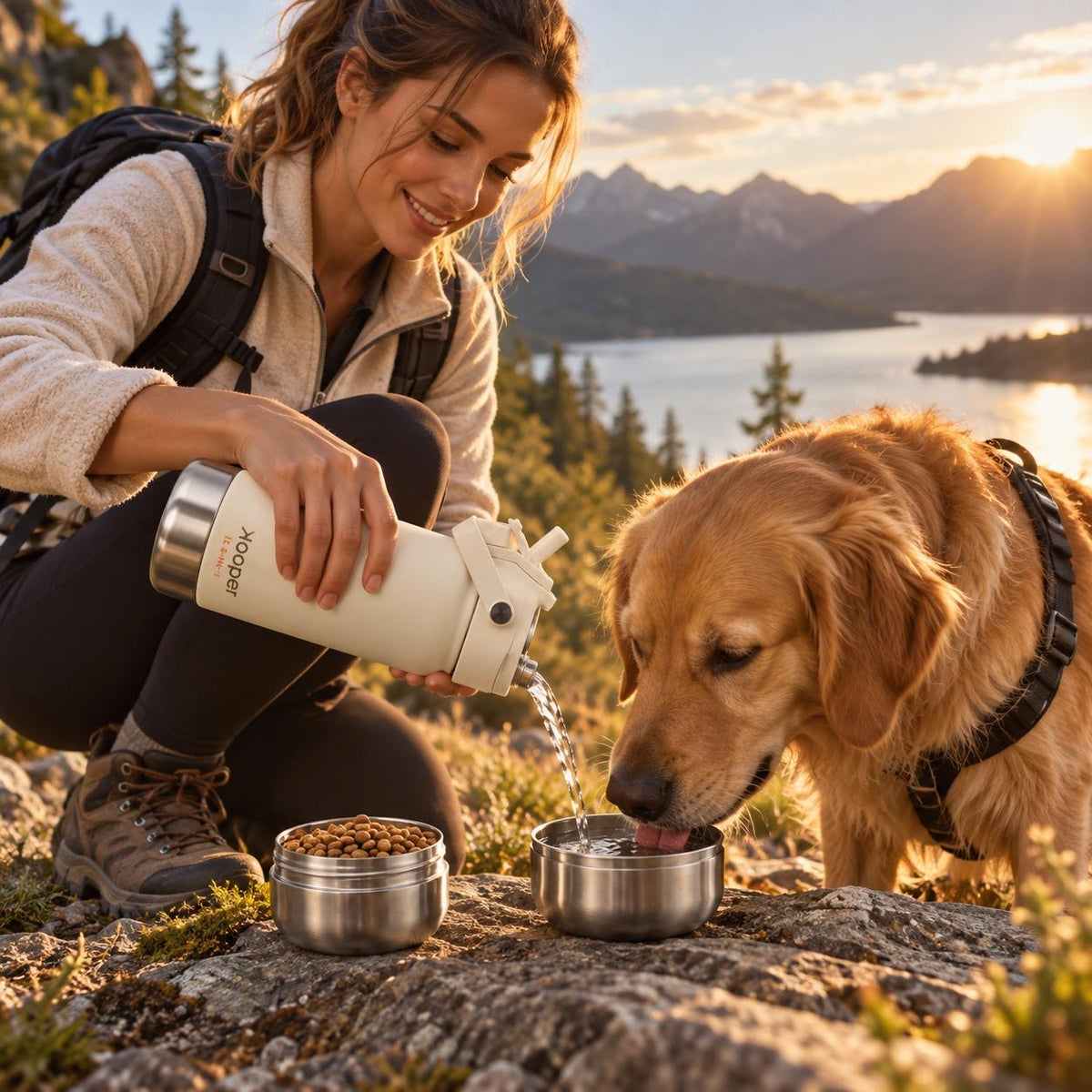 Randonneuse et golden retriever au bord d'un lac de montagne au coucher du soleil avec la gourde Kooper
